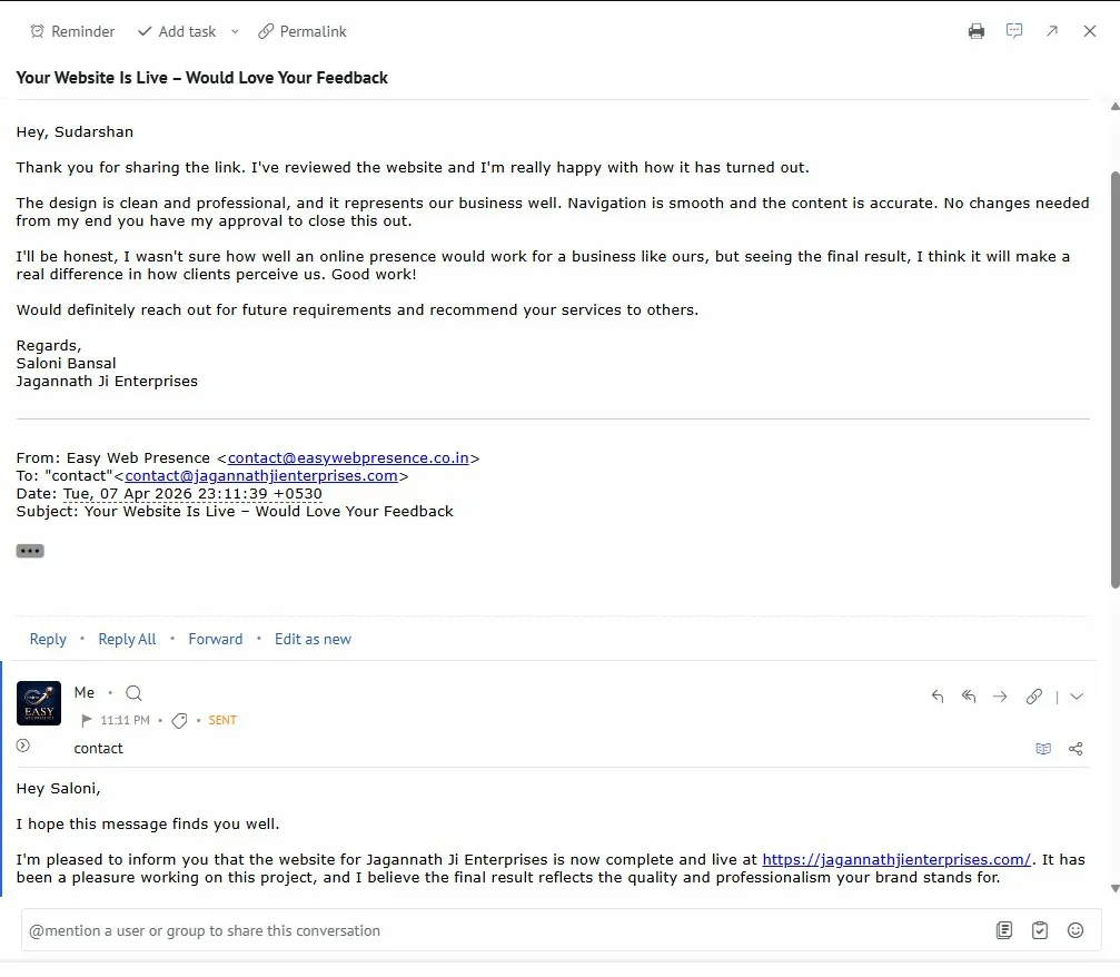 Email from Saloni Bansal — Jagannath Ji Enterprises